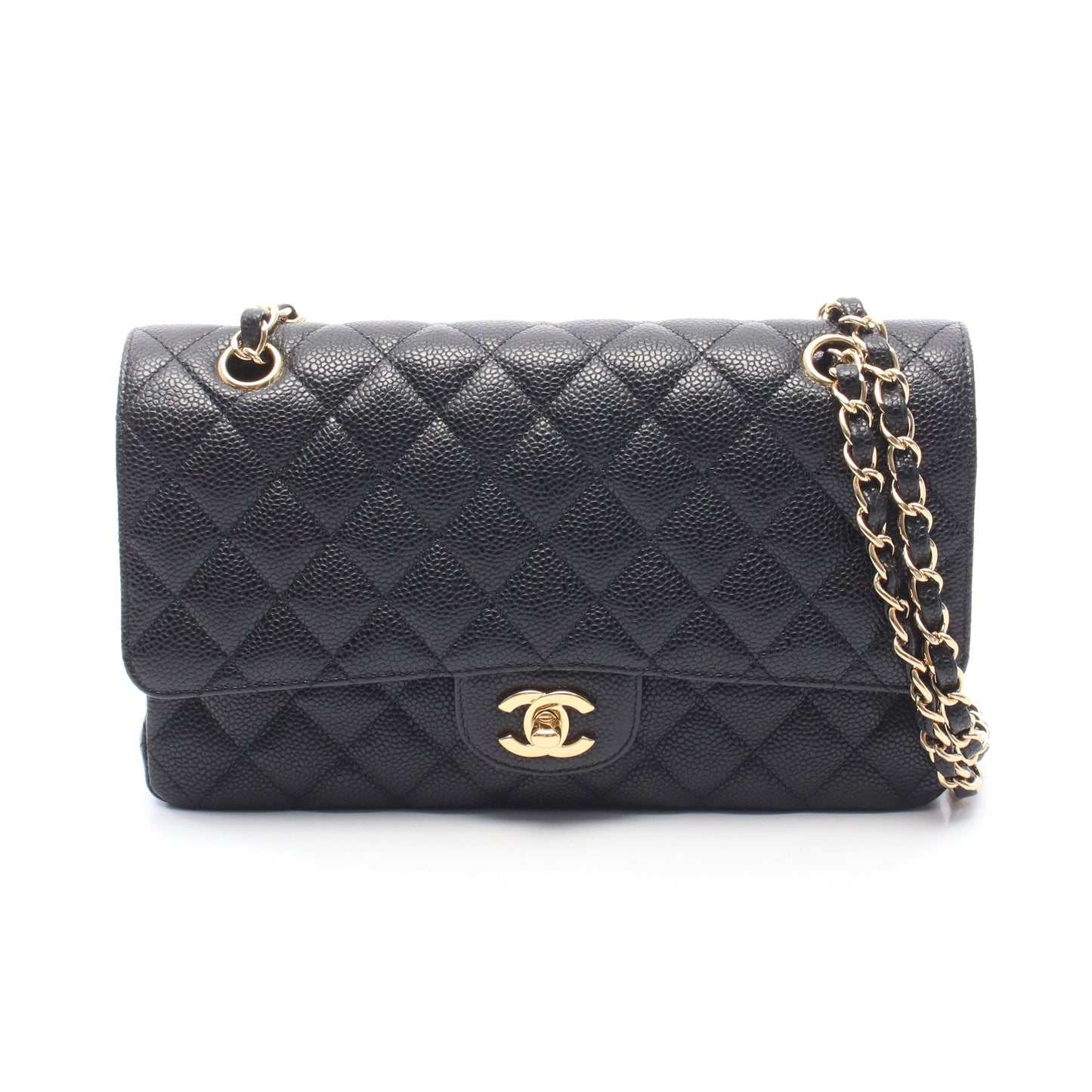 マトラッセ Wフラップ Wチェーンショルダーバッグ キャビアスキン ブラック ゴールド金具 シャネル バッグ CHANEL