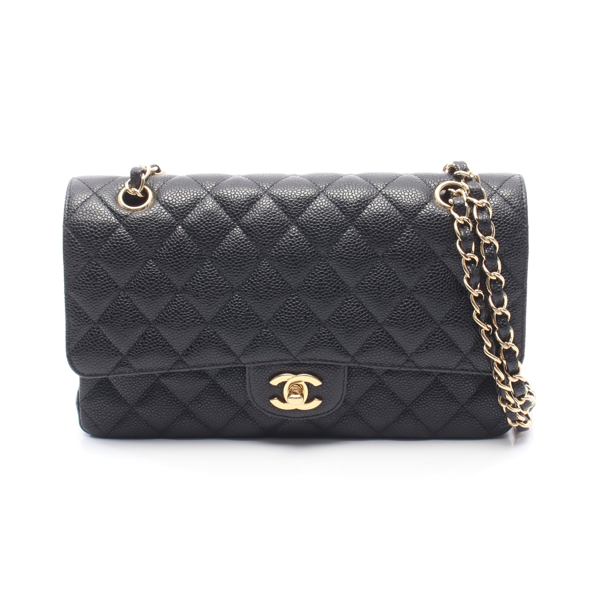 マトラッセ Wフラップ Wチェーンショルダーバッグ キャビアスキン ブラック ゴールド金具 シャネル バッグ CHANEL