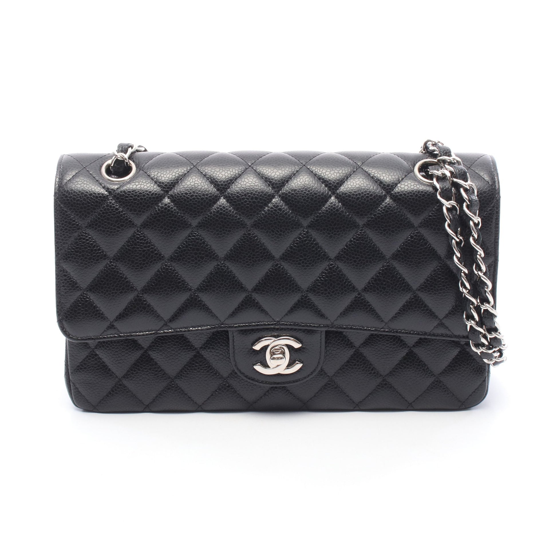マトラッセ Wフラップ Wチェーンショルダーバッグ キャビアスキン ブラック シルバー金具 シャネル バッグ CHANEL