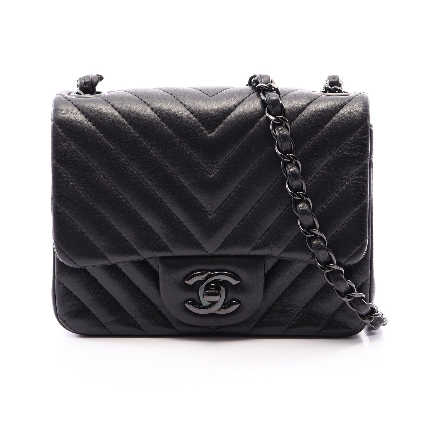 シェブロン Vステッチ ミニ ブラック金具 チェーンショルダーバッグ ラムスキン ブラック シャネル バッグ CHANEL