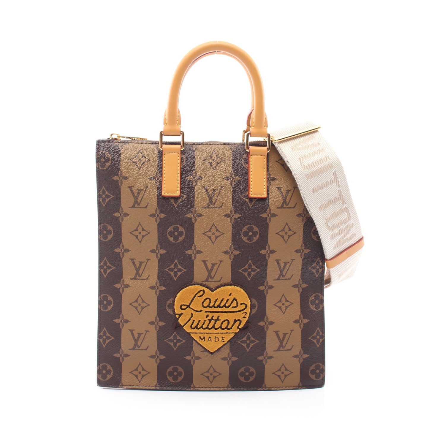 LOUIS VUITTON × NIGO サック プラ メッセンジャー モノグラム ストライプ 2WAY ハンドバッグ トートバッグ PVC レザー ブラウン ルイヴィトン バッグ LOUIS VUITTON