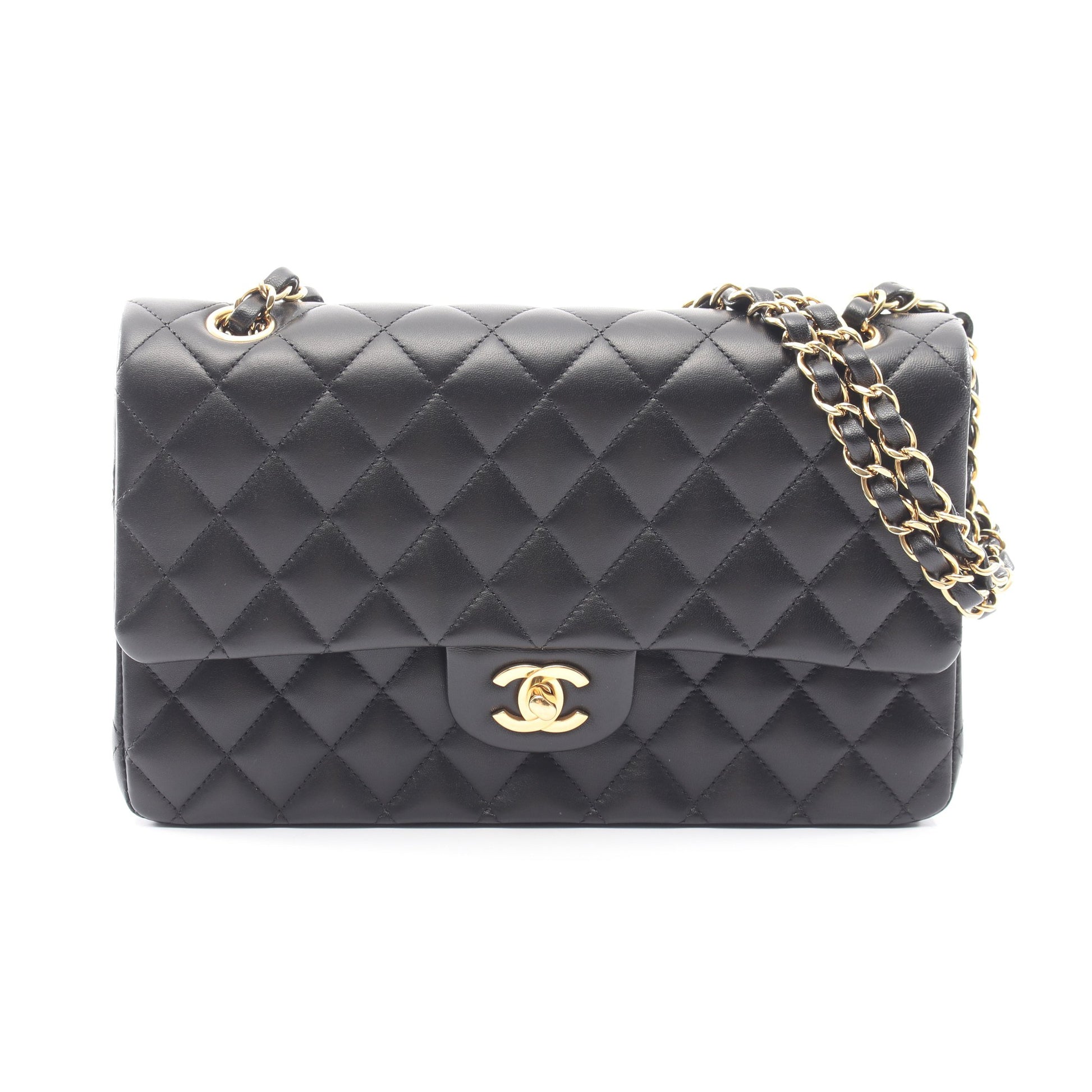 マトラッセ Wフラップ Wチェーンショルダーバッグ ラムスキン ブラック ゴールド金具 シャネル バッグ CHANEL