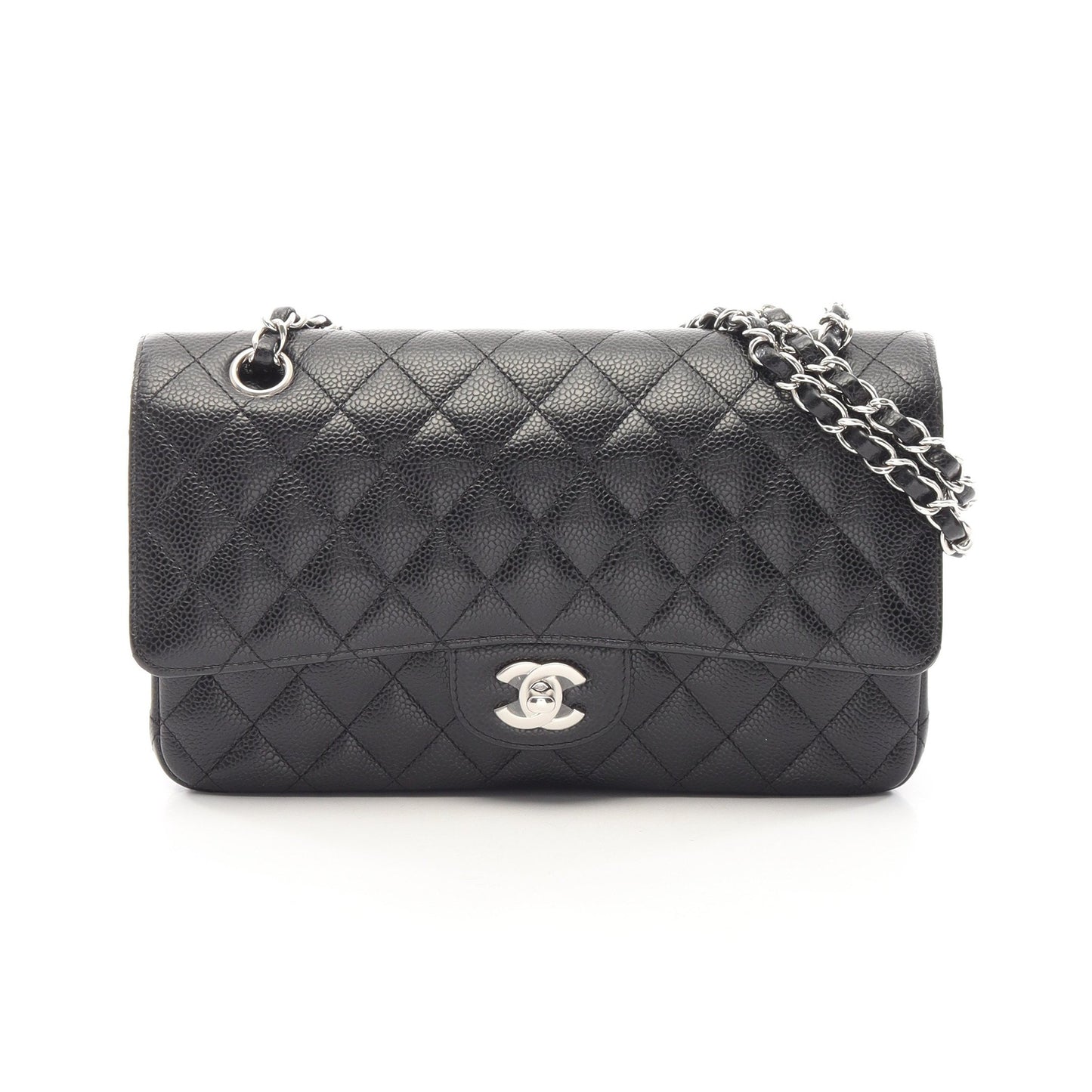 マトラッセ Wフラップ Wチェーンショルダーバッグ キャビアスキン ブラック シルバー金具 シャネル バッグ CHANEL