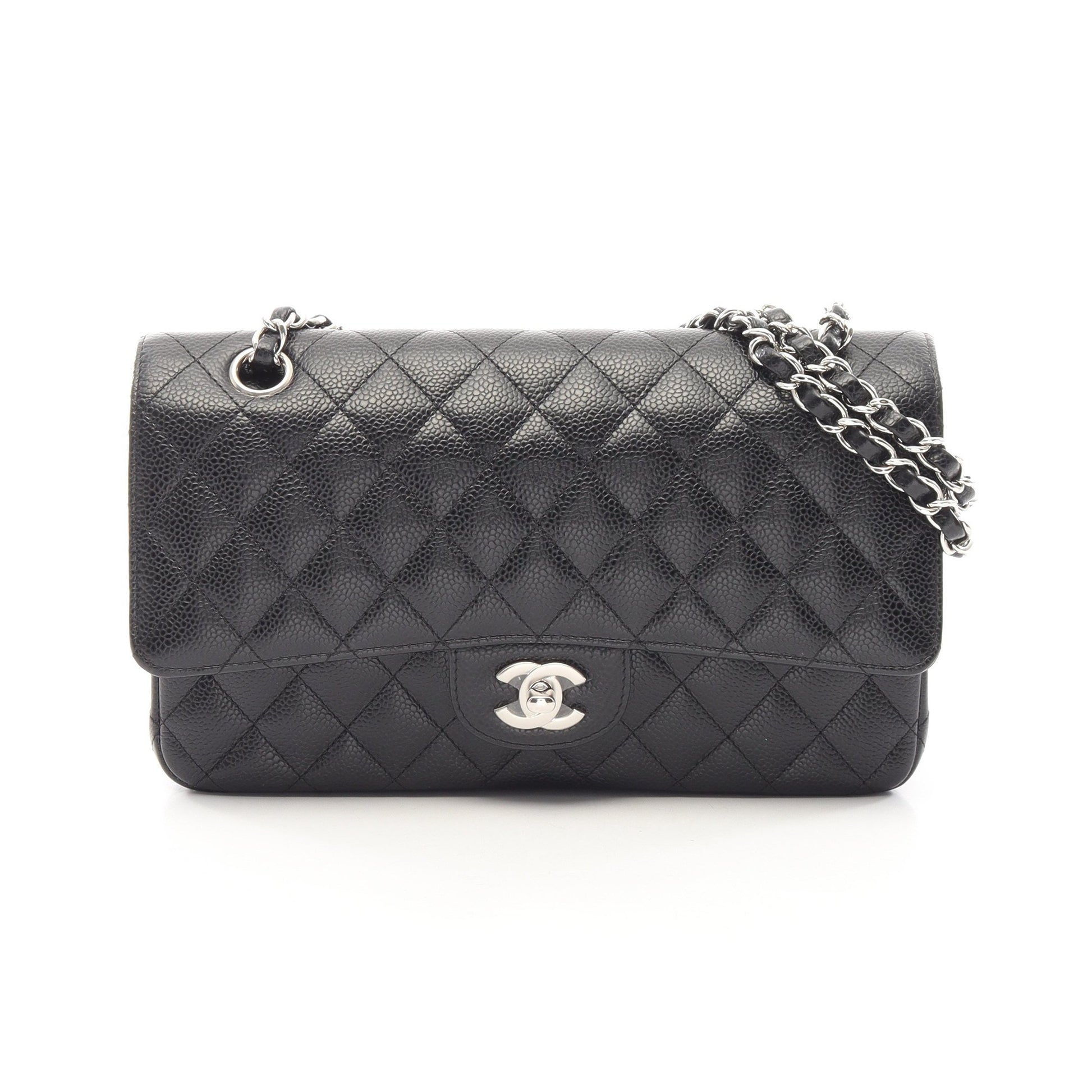 マトラッセ Wフラップ Wチェーンショルダーバッグ キャビアスキン ブラック シルバー金具 シャネル バッグ CHANEL