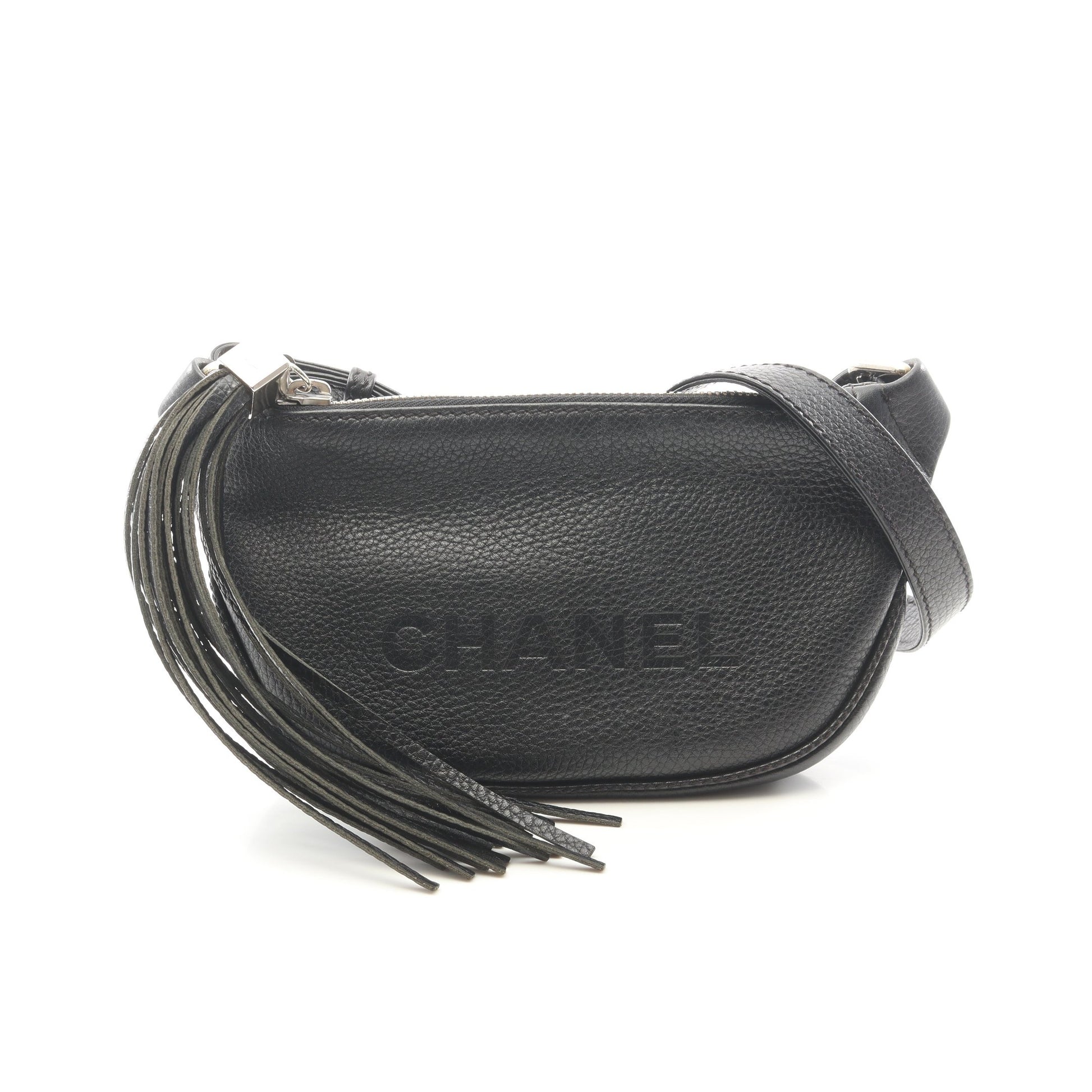 ロゴ フリンジ ショルダーバッグ レザー ブラック シルバー金具 シャネル バッグ CHANEL