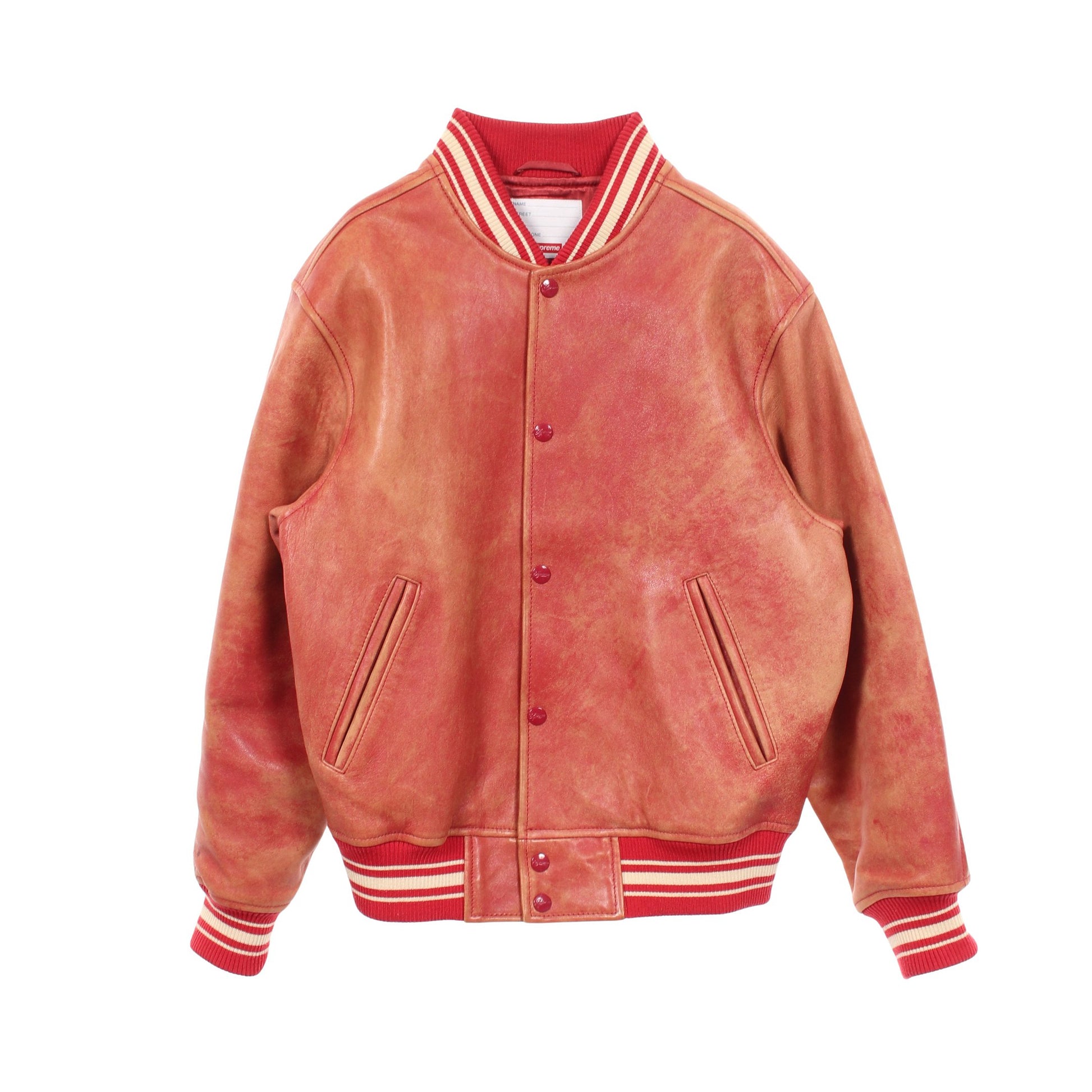 PAINTED WORM LEATHER VARSITY JACKET スタジャン レザー ピンクレッド シュプリーム アウター Supreme