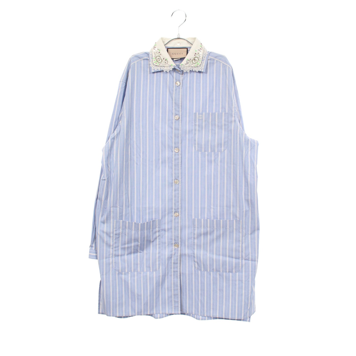 ストライプ ビジュー付き シャツワンピース コットン ライトブルー ホワイト グッチ ワンピース GUCCI