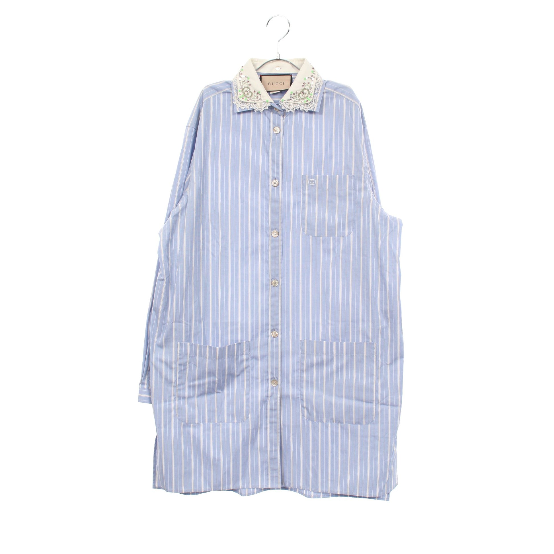 ストライプ ビジュー付き シャツワンピース コットン ライトブルー ホワイト グッチ ワンピース GUCCI