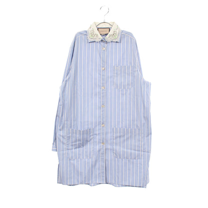 ストライプ ビジュー付き シャツワンピース コットン ライトブルー ホワイト グッチ ワンピース GUCCI