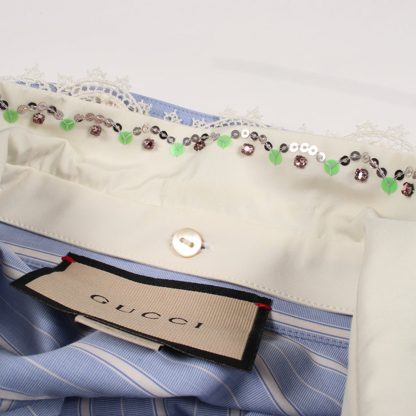 ストライプ ビジュー付き シャツワンピース コットン ライトブルー ホワイト グッチ ワンピース GUCCI