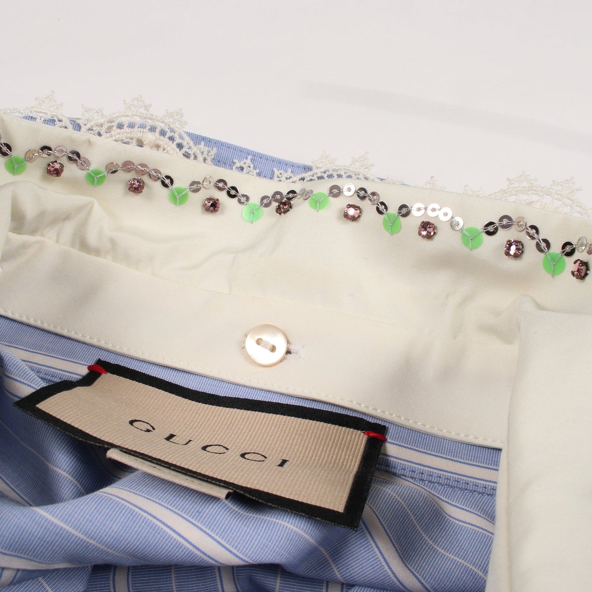 ストライプ ビジュー付き シャツワンピース コットン ライトブルー ホワイト グッチ ワンピース GUCCI