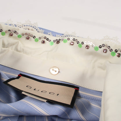ストライプ ビジュー付き シャツワンピース コットン ライトブルー ホワイト グッチ ワンピース GUCCI