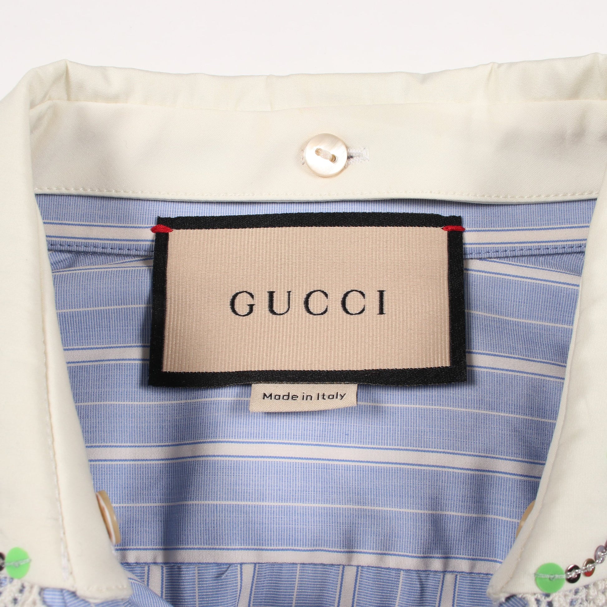 ストライプ ビジュー付き シャツワンピース コットン ライトブルー ホワイト グッチ ワンピース GUCCI