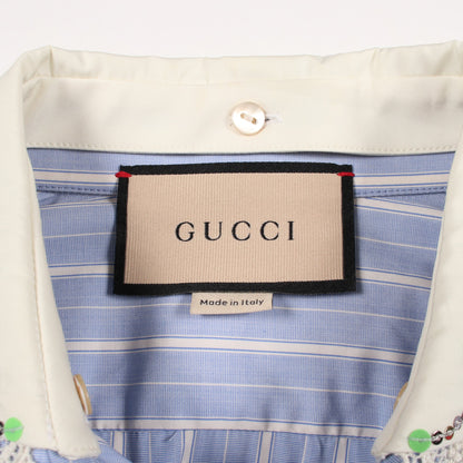 ストライプ ビジュー付き シャツワンピース コットン ライトブルー ホワイト グッチ ワンピース GUCCI