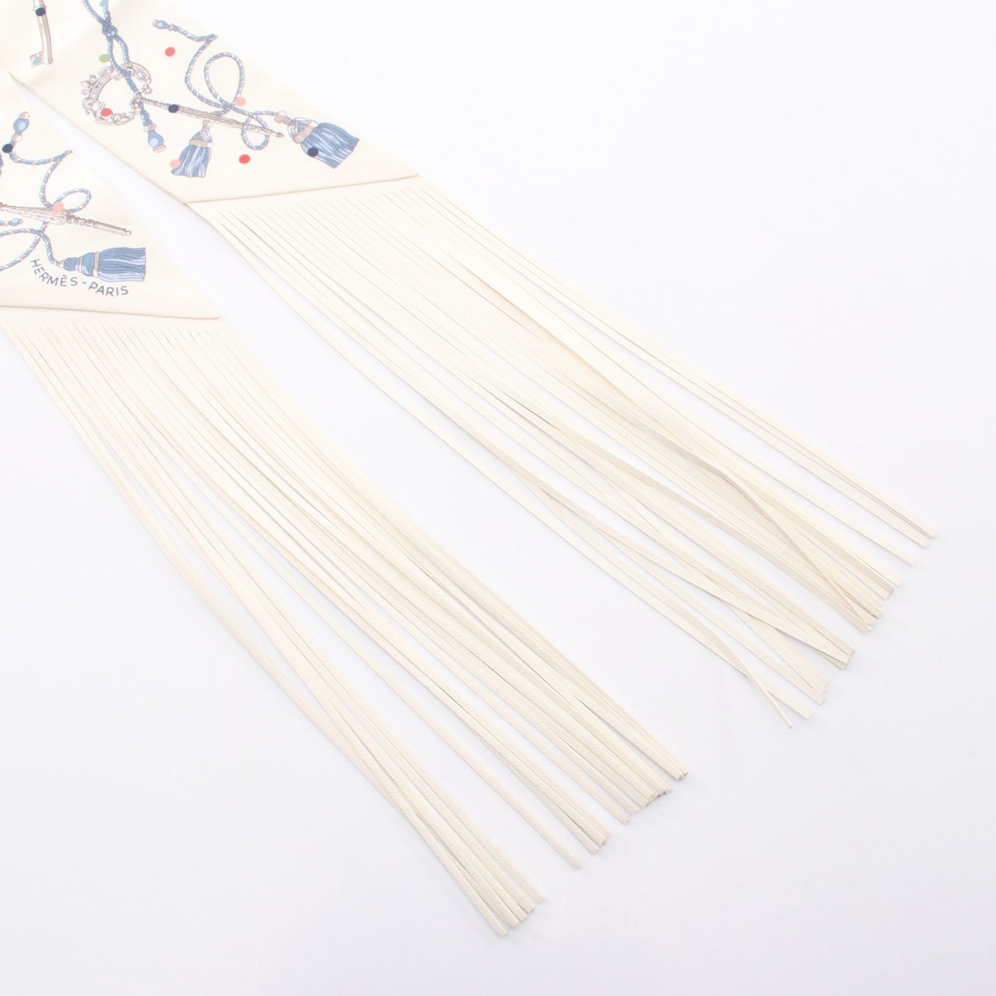 ツイリー フリンジ Les Cles a Pois リボン スカーフ シルク レザー オフホワイト マルチカラー エルメス