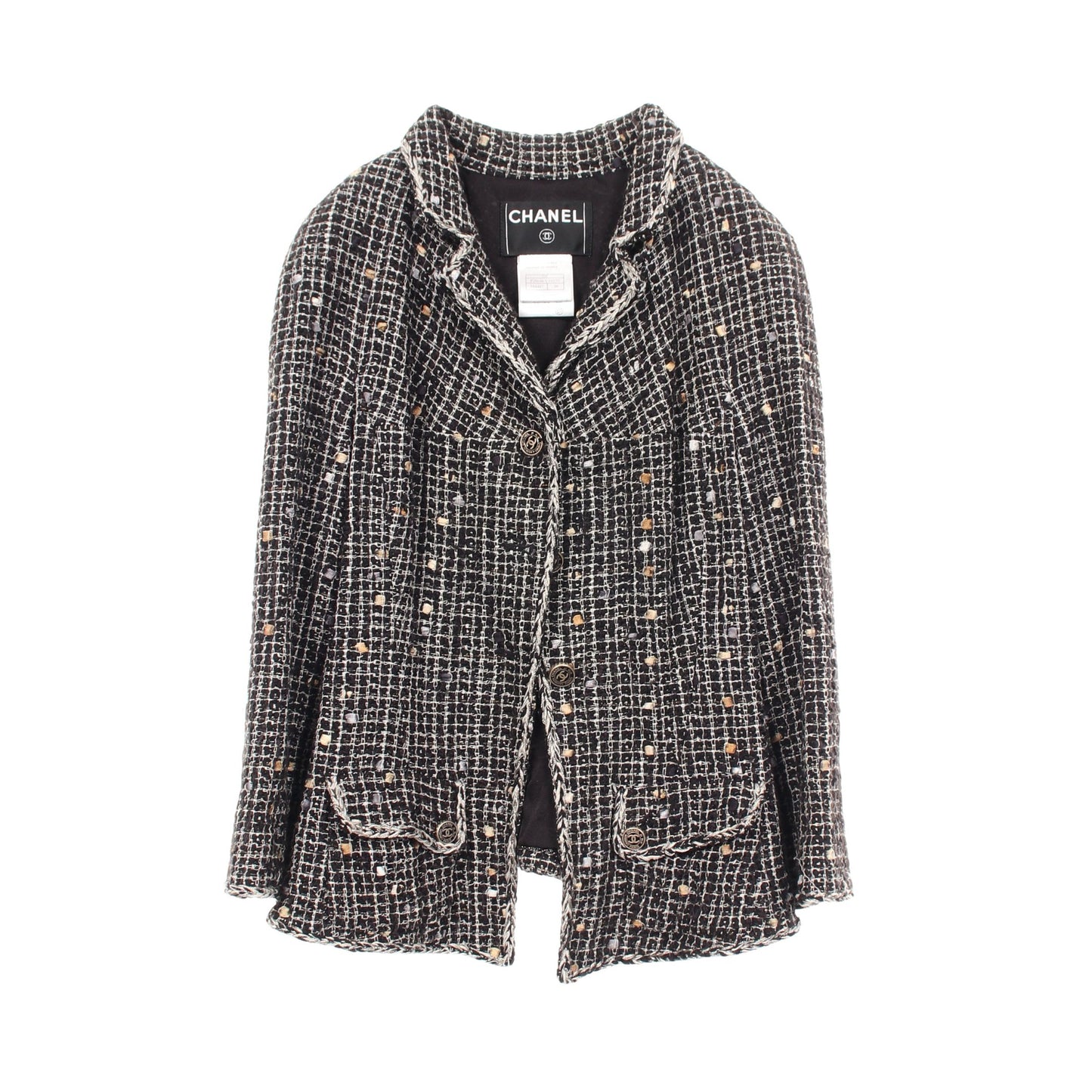 ココマークボタン ドット ツイード ジャケット コットン シルク ブラック アイボリー 06P シャネル アウター CHANEL