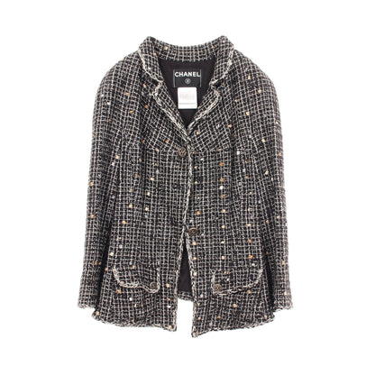 ココマークボタン ドット ツイード ジャケット コットン シルク ブラック アイボリー 06P シャネル アウター CHANEL