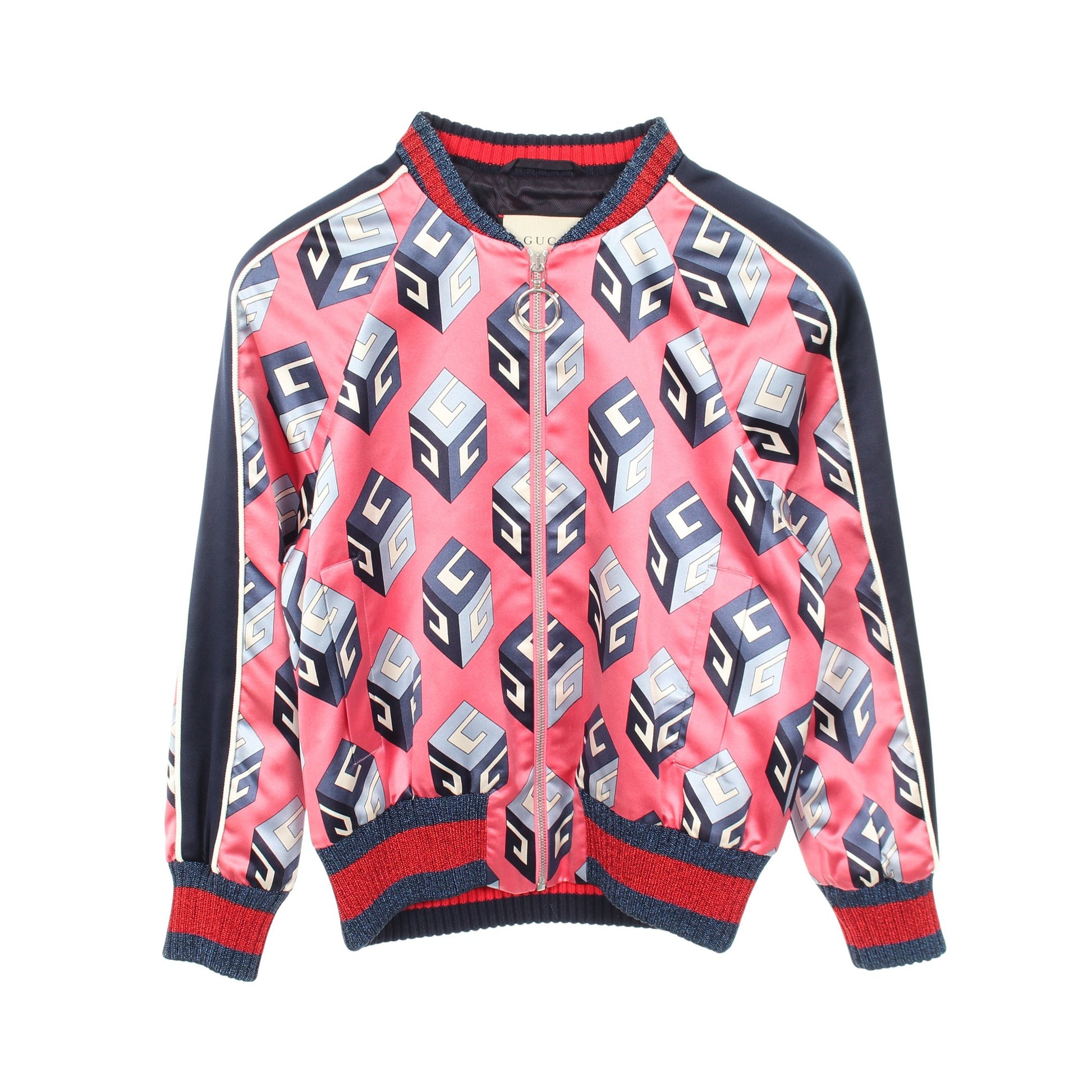 GGプリント ウォールペーパーモノグラム ブルゾン ボンバージャケット シルク ピンク ネイビー レッド グッチ アウター GUCCI