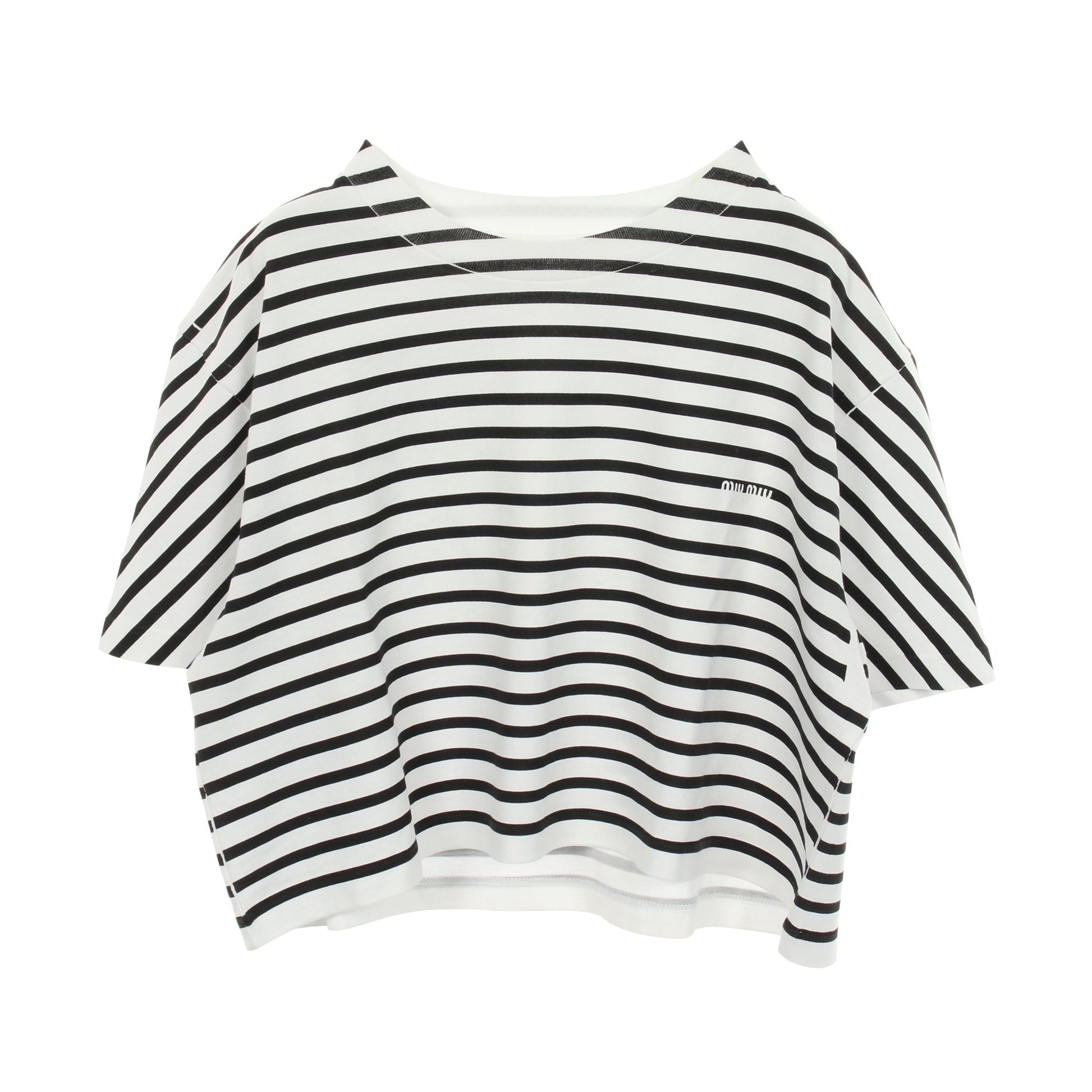 ボーダー クロップド 半袖Tシャツ コットン ホワイト ブラック ミュウミュウ トップス miu miu