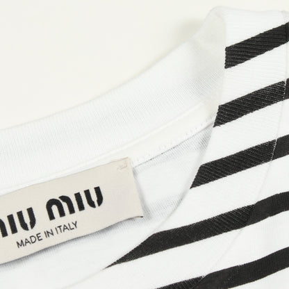 ボーダー クロップド 半袖Tシャツ コットン ホワイト ブラック ミュウミュウ トップス miu miu