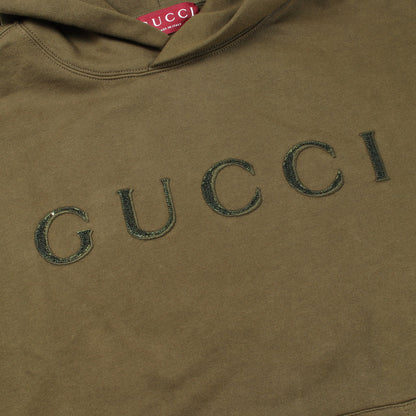 スパンコールロゴ フーディ プルオーバーパーカー コットン カーキグリーン グッチ トップス GUCCI