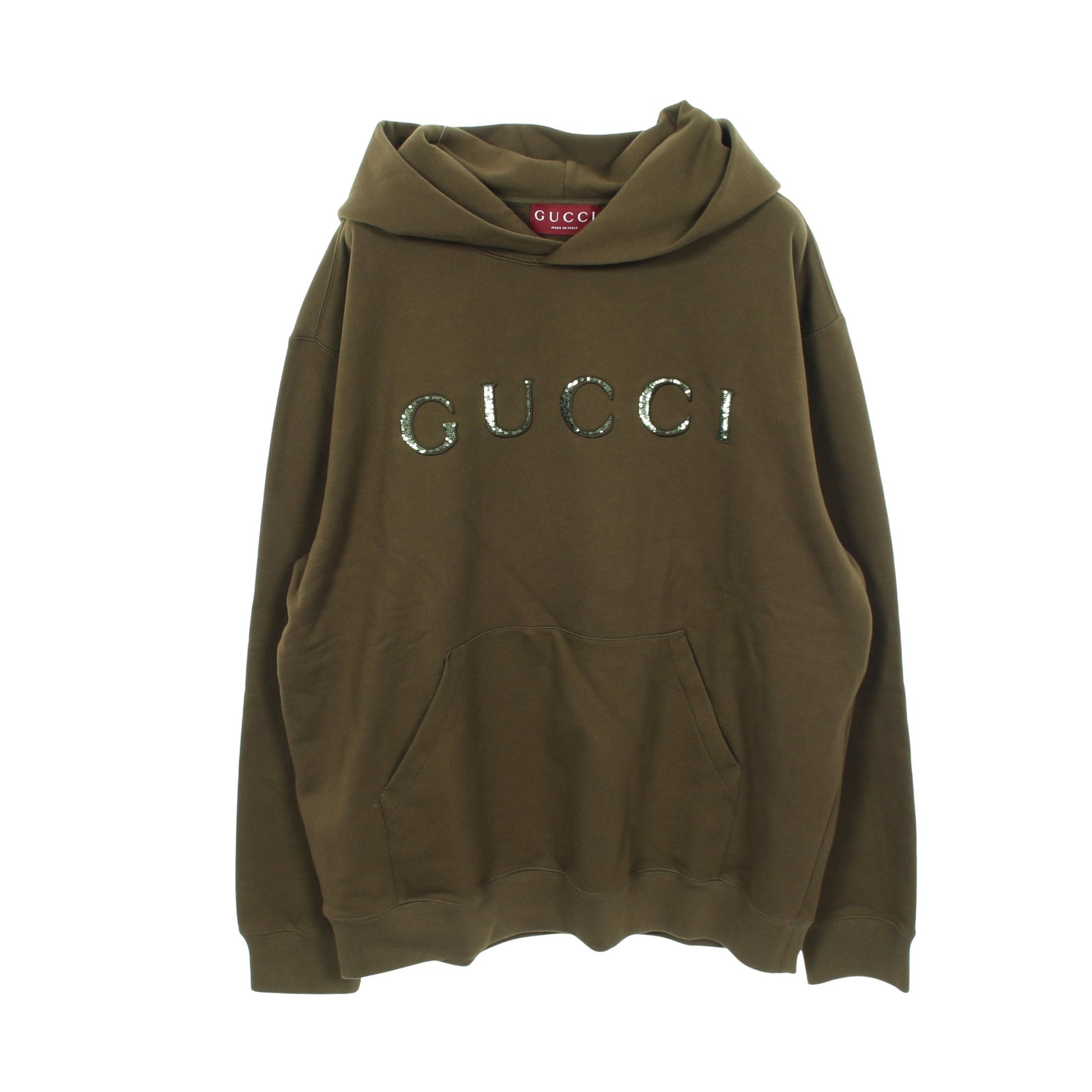 スパンコールロゴ フーディ プルオーバーパーカー コットン カーキグリーン グッチ トップス GUCCI