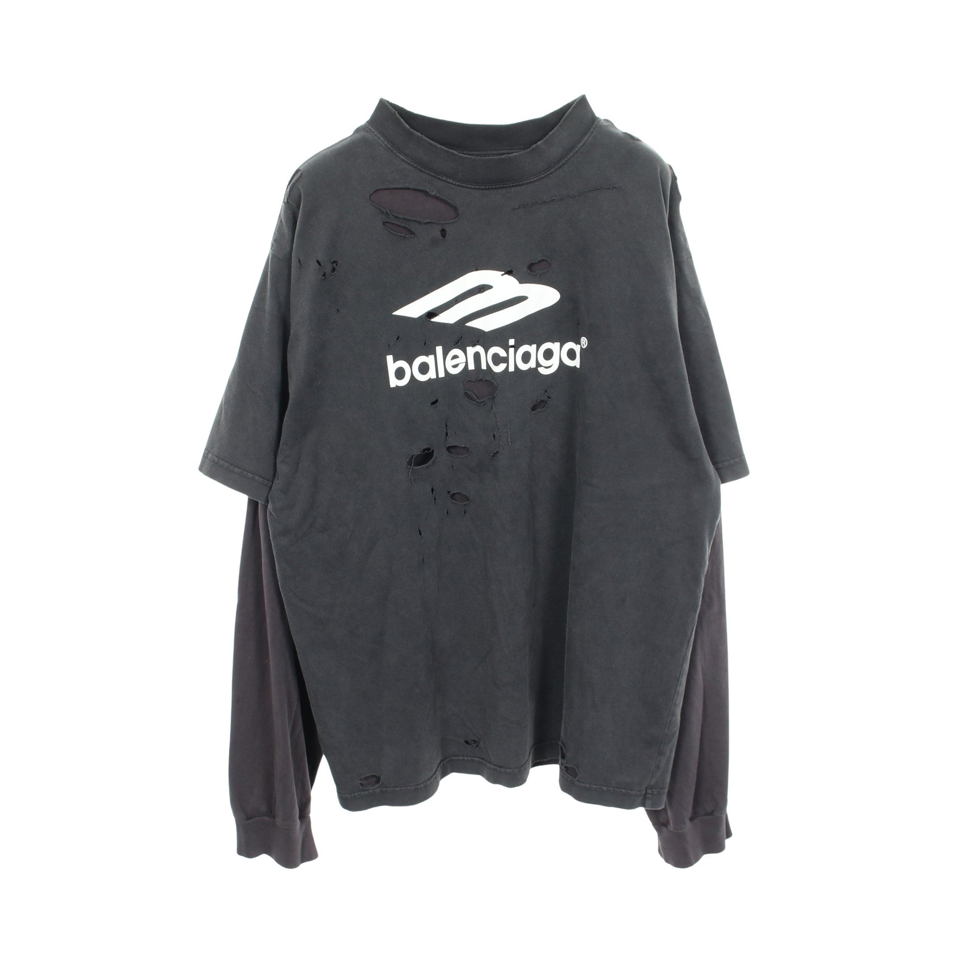 デストロイ加工 レイヤードシャツ 長袖Tシャツ コットン ブラック バレンシアガ トップス BALENCIAGA