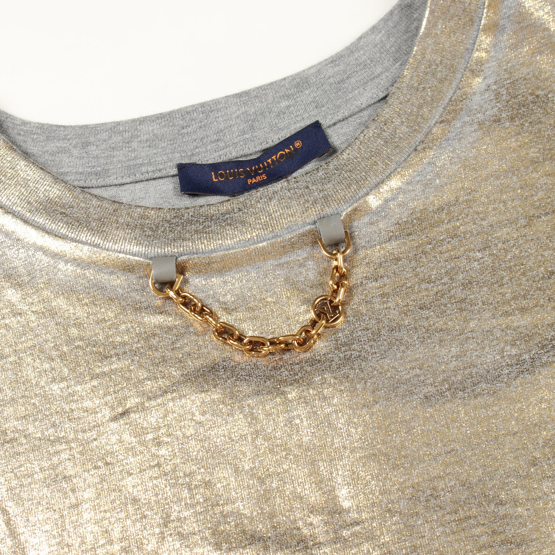 チェーン付き クロップド 半袖Tシャツ コットン グレー ゴールド ルイヴィトン トップス LOUIS VUITTON