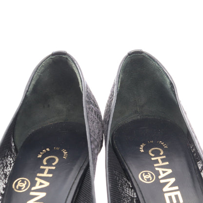 ココマーク オープントゥ レース パンプス ファブリック フェイクパール ブラック シャネル シューズ CHANEL