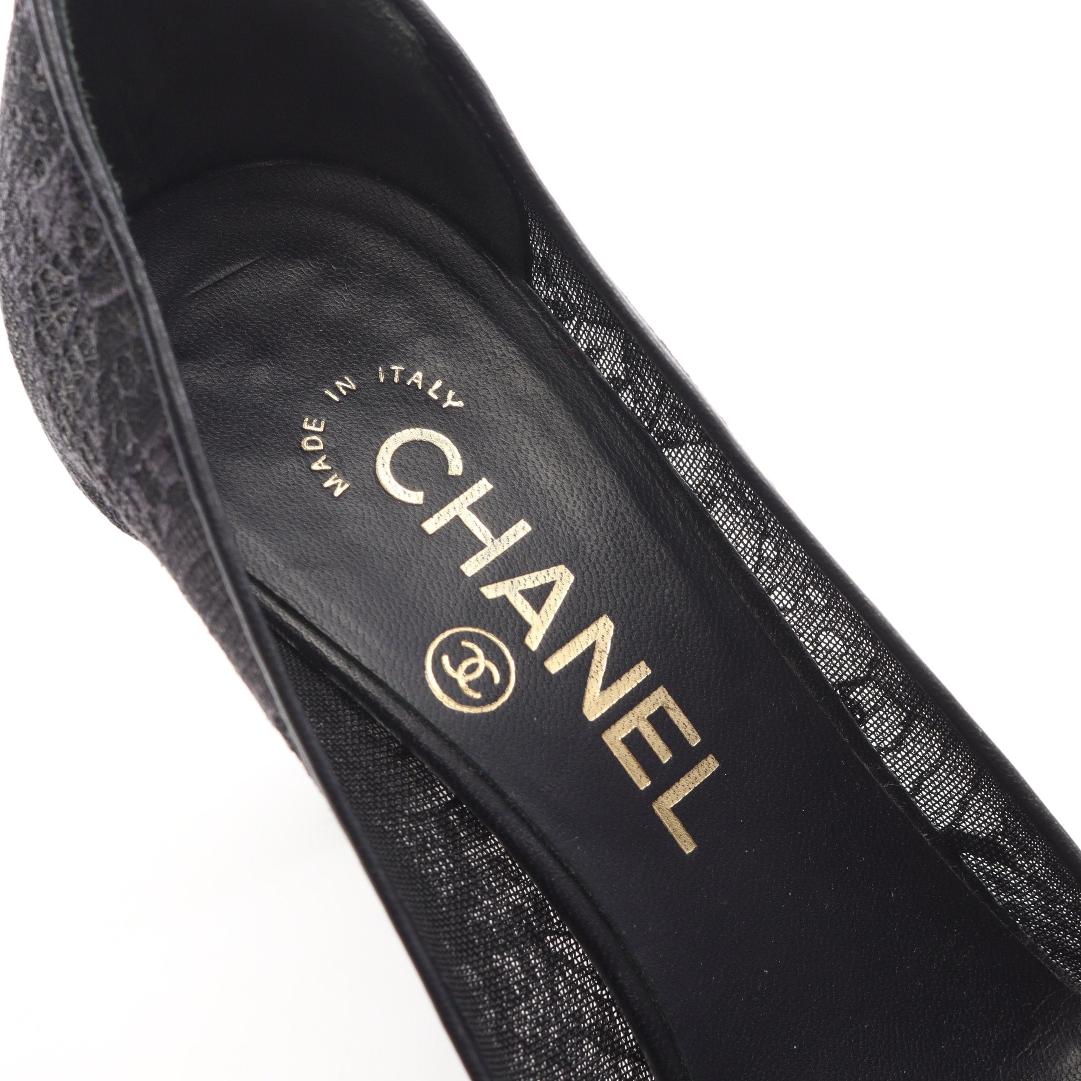 CHANEL ブラック レース オープントゥパンプス ココマーク オープントゥ レース パンプス ファブリック フェイク