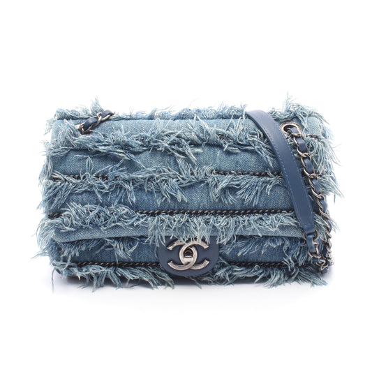 デニムフリンジ チェーンショルダーバッグ デニム レザー ブルー シルバー金具 シャネル バッグ CHANEL