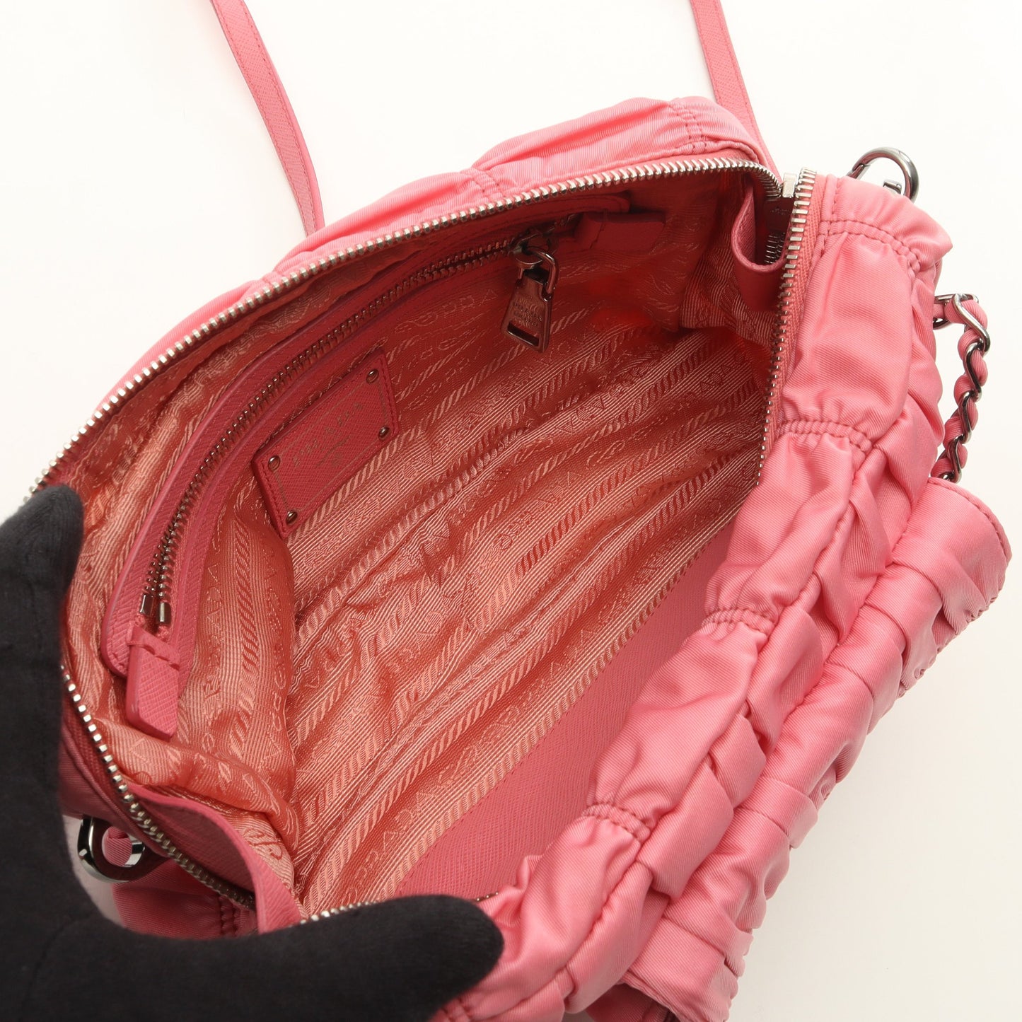 ゴーフレ 2WAY チェーンハンドバッグ ナイロン サフィアーノレザー ピンク プラダ バッグ PRADA