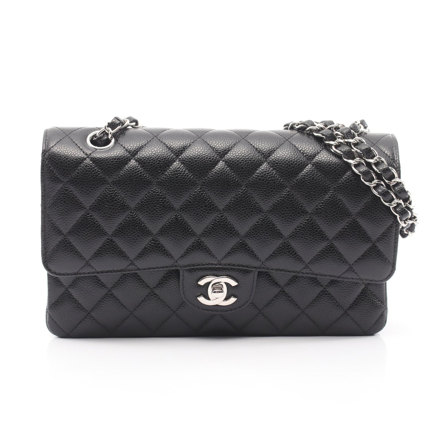 マトラッセ Wフラップ Wチェーンショルダーバッグ キャビアスキン ブラック シルバー金具 シャネル バッグ CHANEL