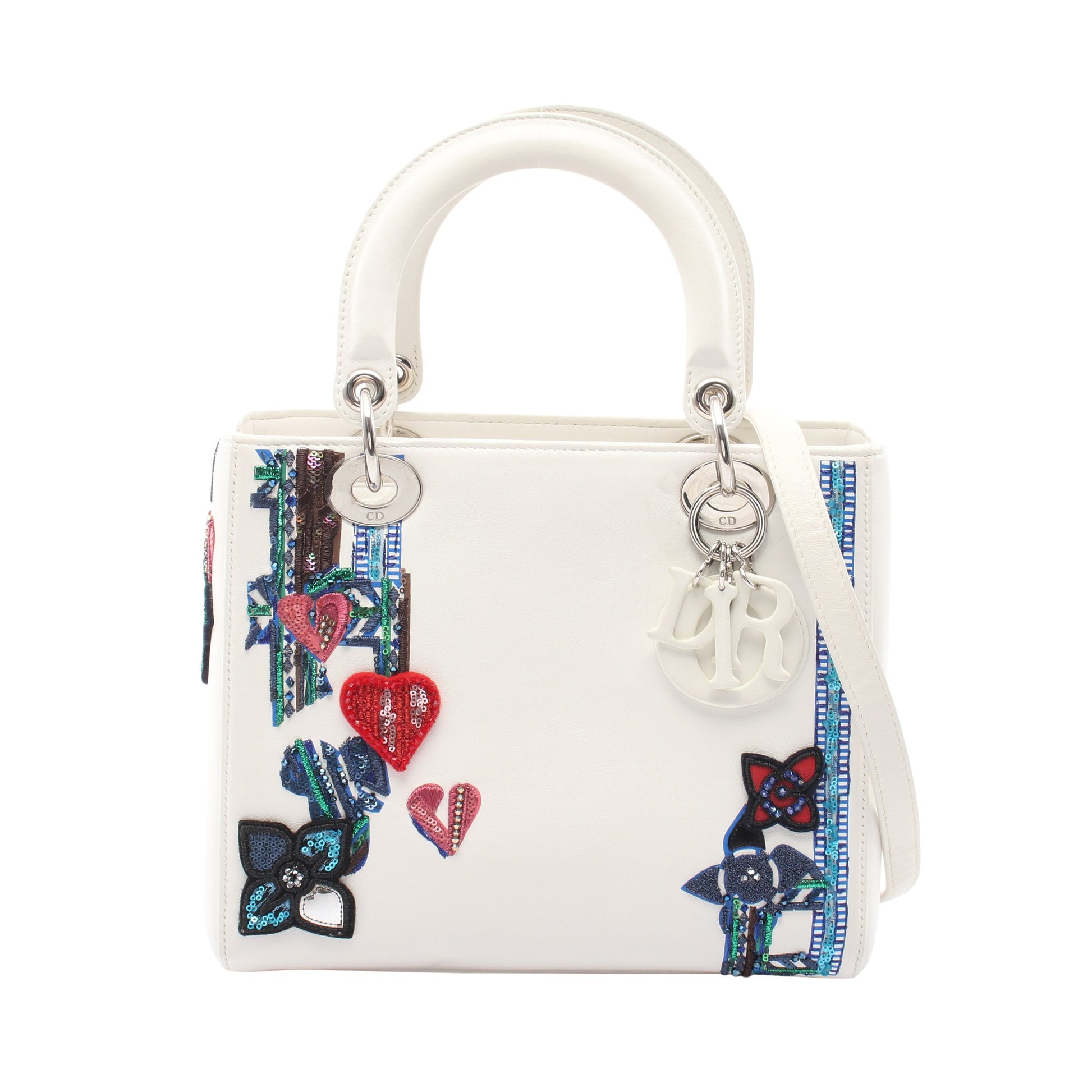 LADY DIOR レディディオール スパンコール刺繍パッチ 2WAY ハンドバッグ レザー ホワイト マルチカラー クリスチャンディオール バッグ Christian Dior