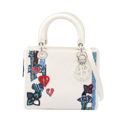 LADY DIOR レディディオール スパンコール刺繍パッチ 2WAY ハンドバッグ レザー ホワイト マルチカラー クリスチャンディオール バッグ Christian Dior