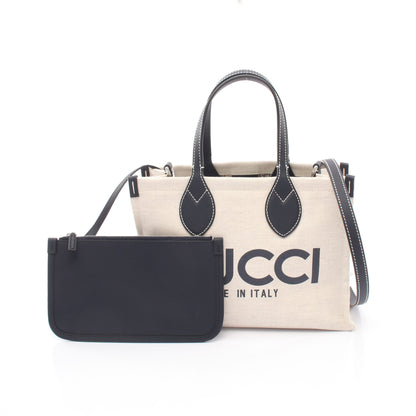 プリント ミニ 2WAY ハンドバッグ トートバッグ キャンバス レザー オフホワイト ダークネイビー グッチ バッグ GUCCI