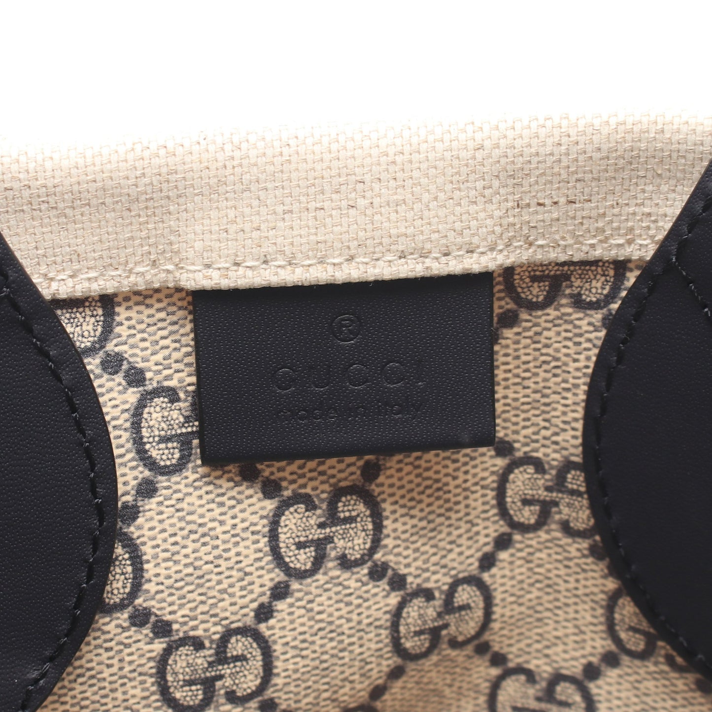 プリント ミニ 2WAY ハンドバッグ トートバッグ キャンバス レザー オフホワイト ダークネイビー グッチ バッグ GUCCI