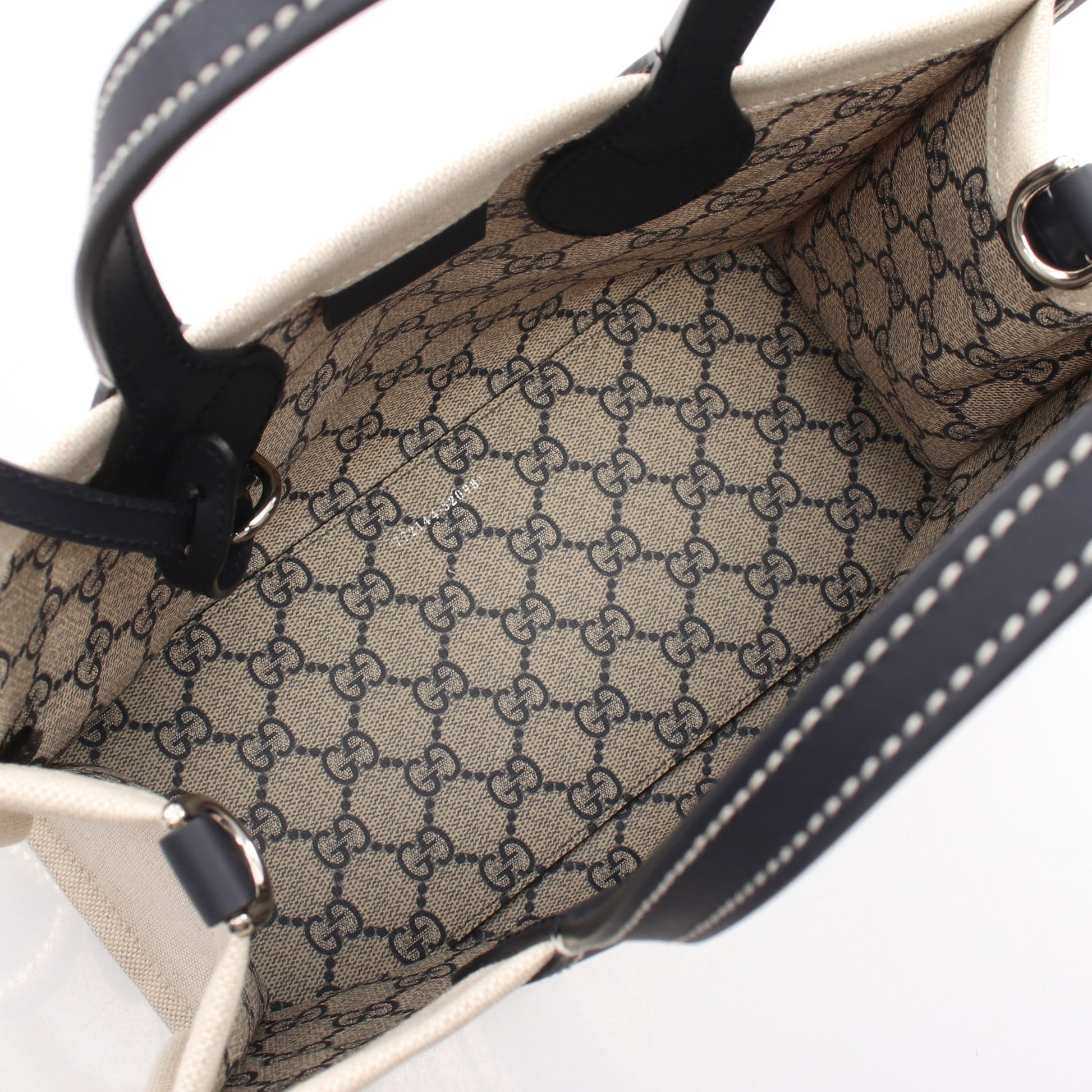 プリント ミニ 2WAY ハンドバッグ トートバッグ キャンバス レザー オフホワイト ダークネイビー グッチ バッグ GUCCI