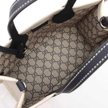 プリント ミニ 2WAY ハンドバッグ トートバッグ キャンバス レザー オフホワイト ダークネイビー グッチ バッグ GUCCI