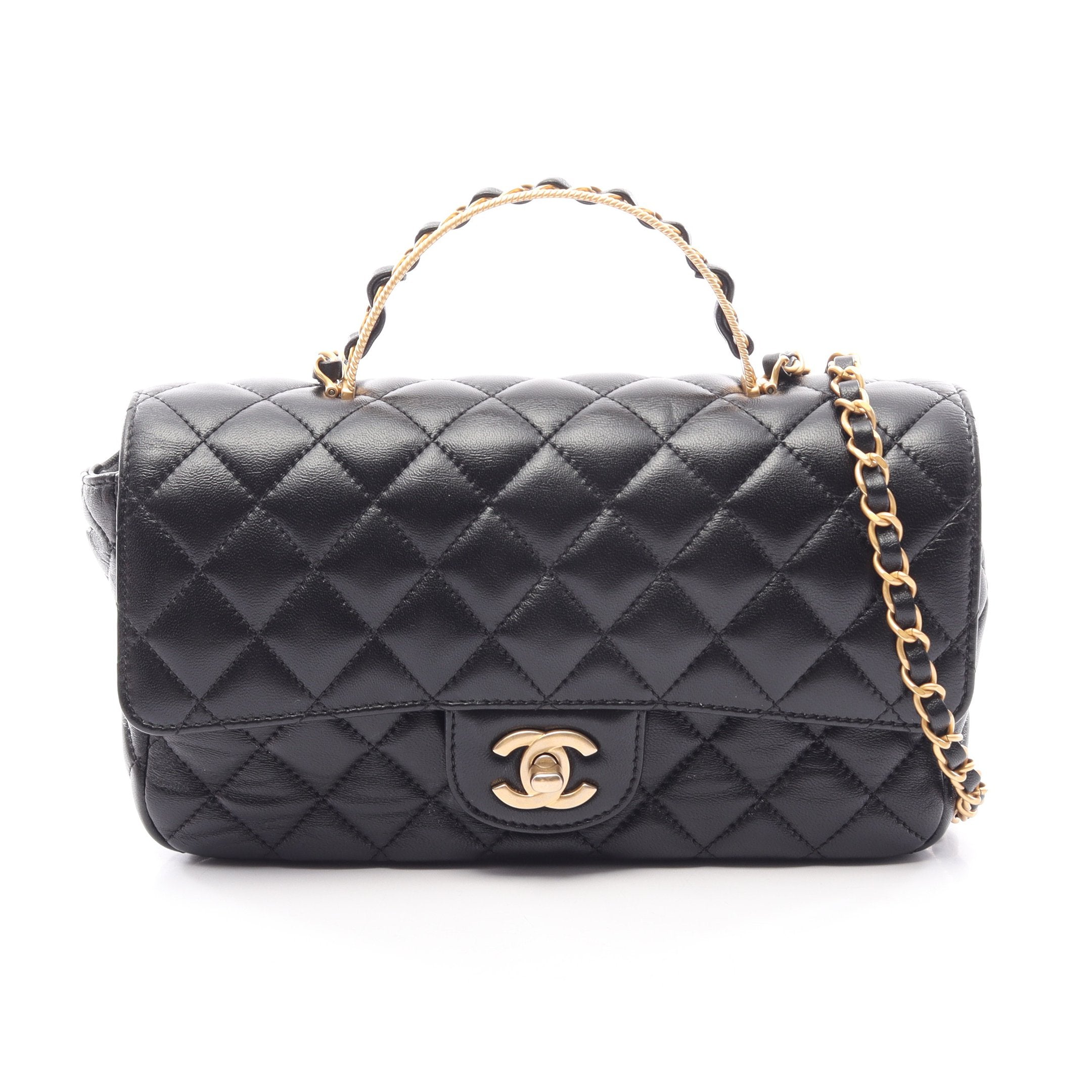 CHANEL ノベルティ　ショルダーバッグラムスキンマトラッセ　ブラックレザー マトラッセ トップハンドル 2WAY チェーンショルダーバッグ ラムスキン