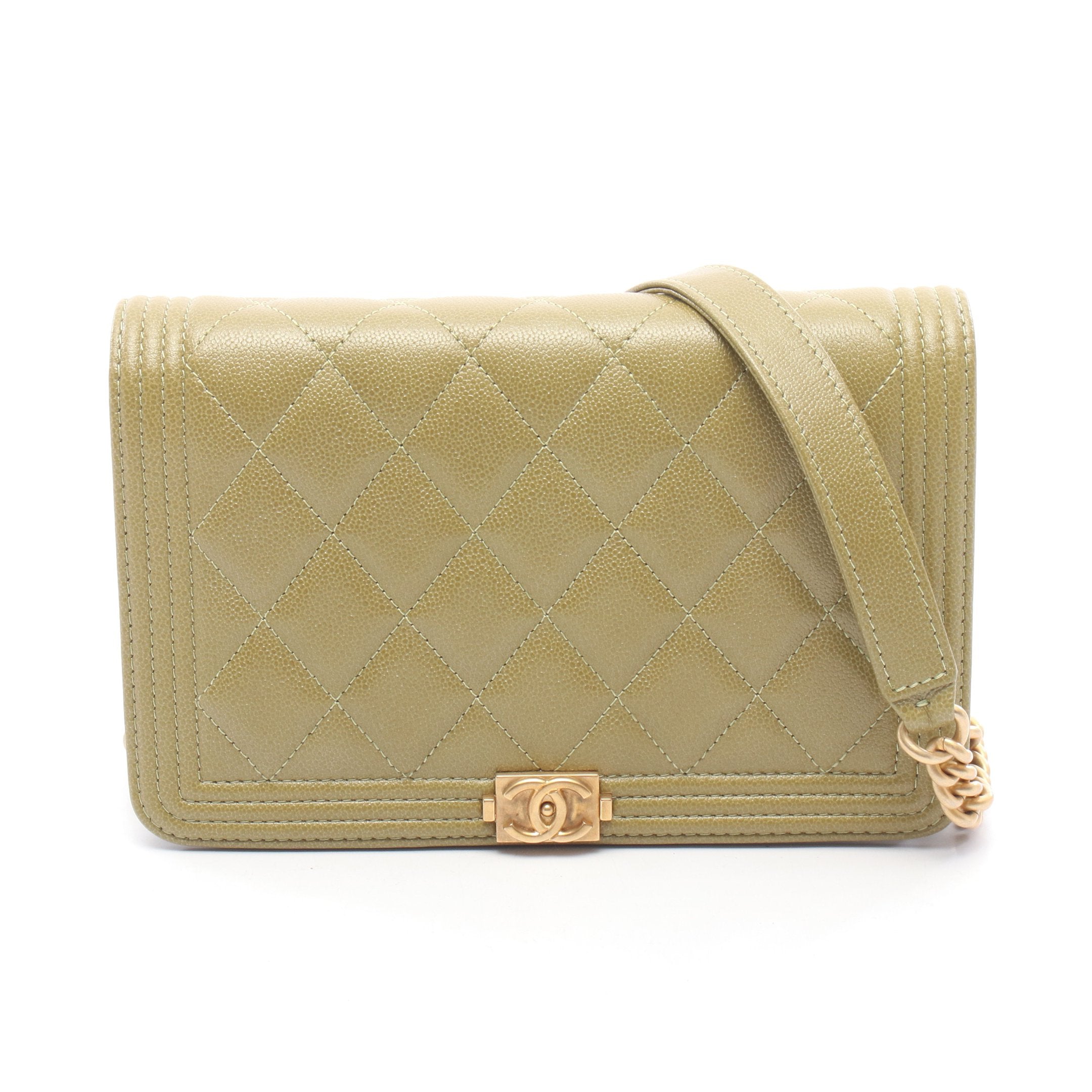 CHANEL シャネル 長財布￼ ボーイシャネル マトラッセ ゴールド金具 美品 ボーイシャネル マトラッセ チェーンウォレット キャビアスキン カーキ