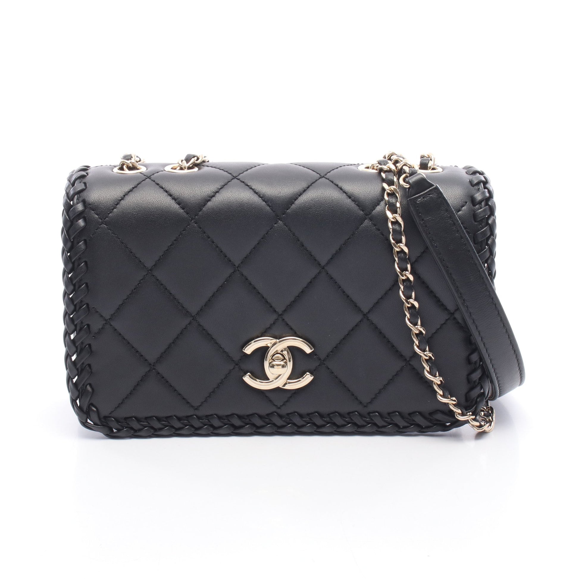 マトラッセ フルフラップ チェーンショルダーバッグ レザー ブラック ゴールド金具 シャネル バッグ CHANEL