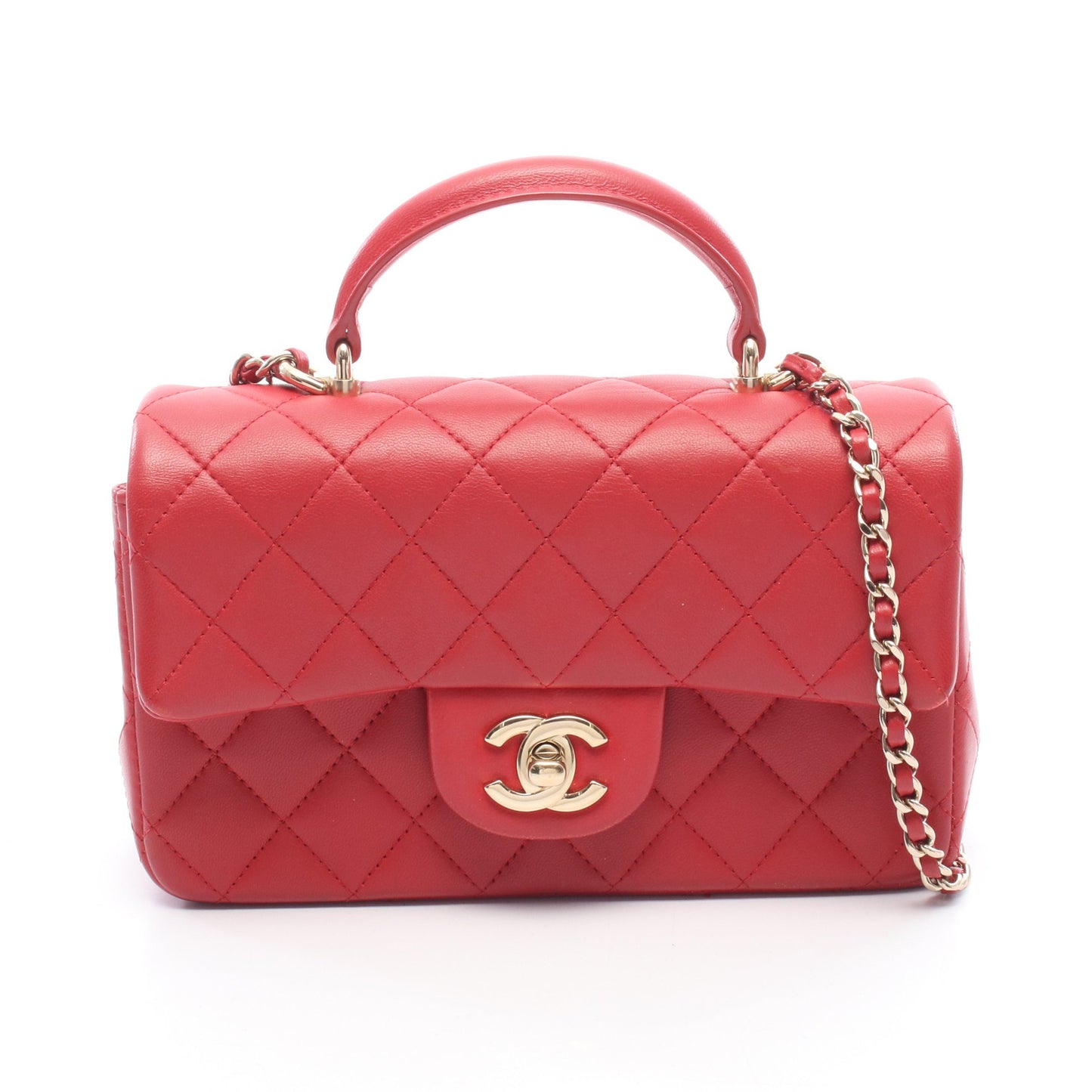 マトラッセ トップハンドル ミニ フラップ チェーンショルダーバッグ ラムスキン レッド ゴールド金具 シャネル バッグ CHANEL