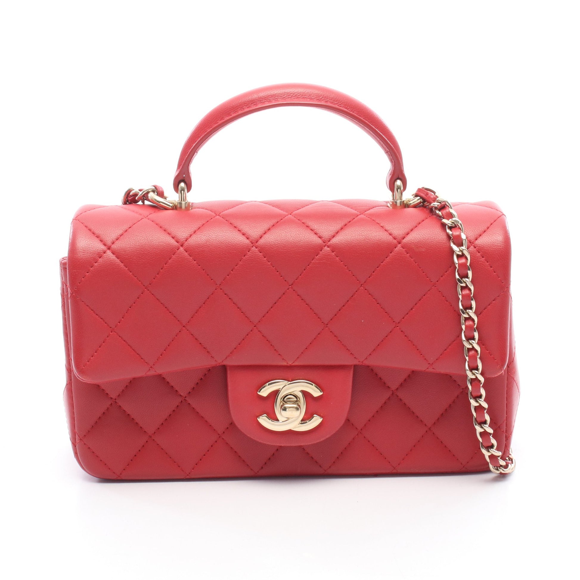 マトラッセ トップハンドル ミニ フラップ チェーンショルダーバッグ ラムスキン レッド ゴールド金具 シャネル バッグ CHANEL