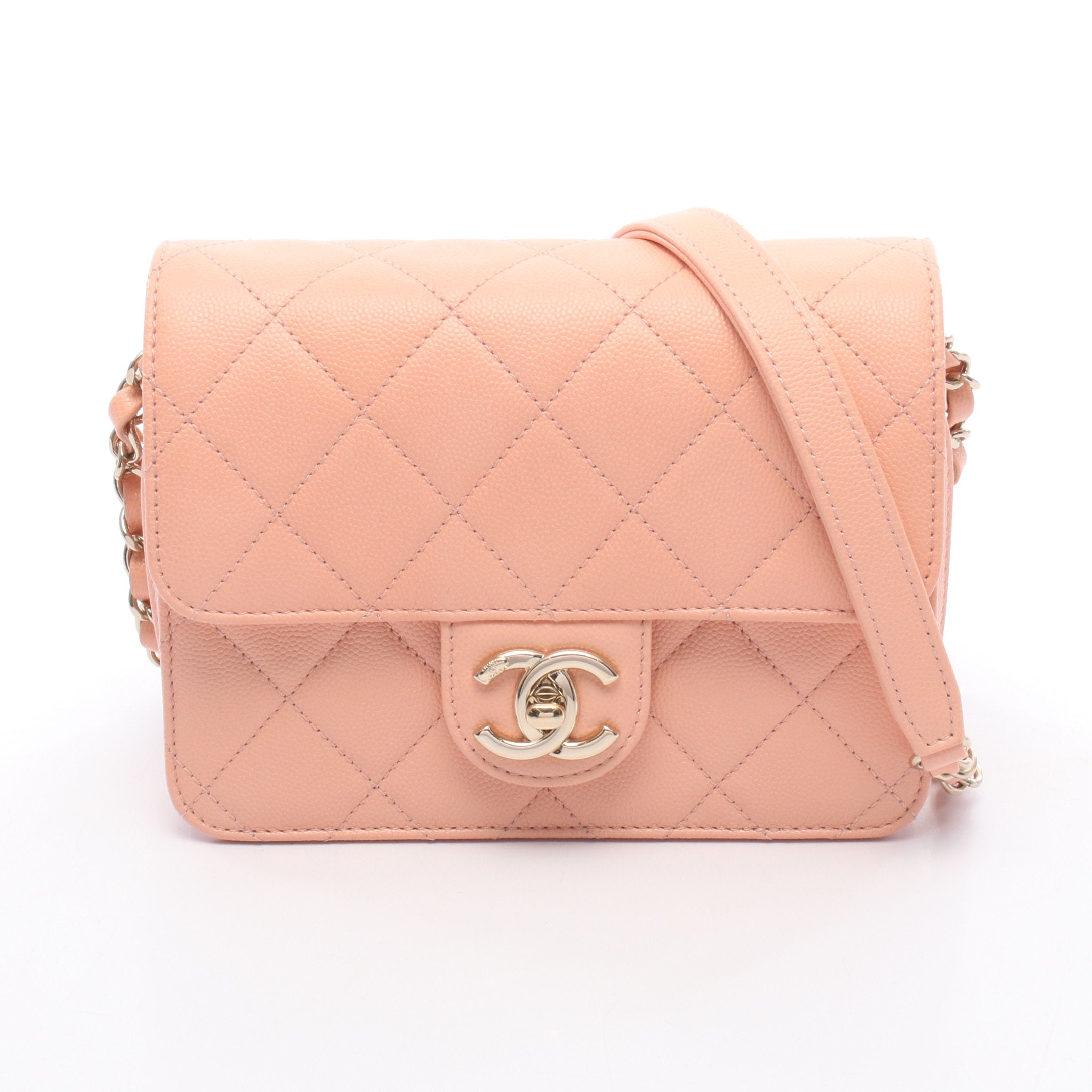 CHANEL コーラル レザー ショルダーバッグ マトラッセ スモールフラップ チェーンショルダーバッグ キャビア