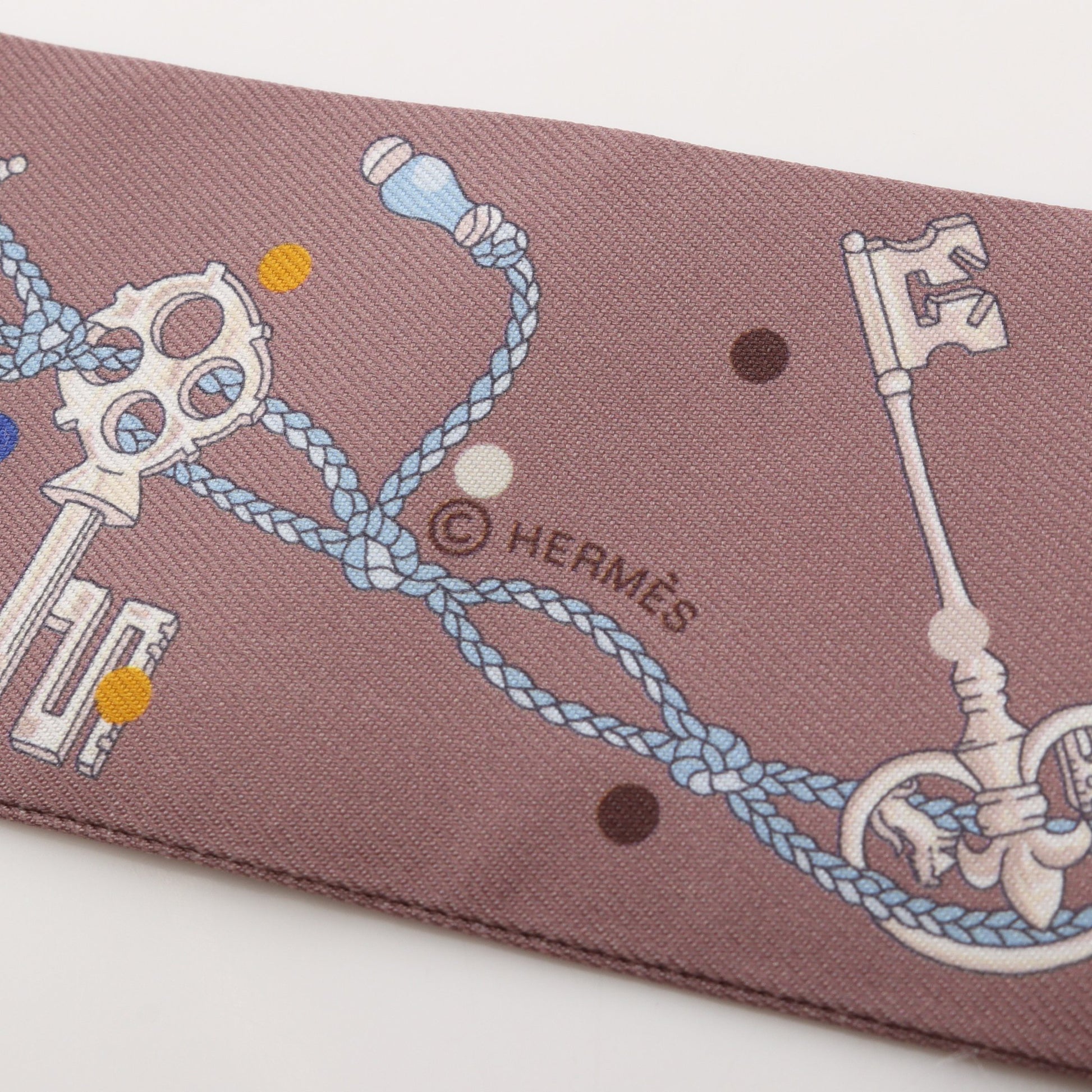 ツイリー Les Cles a Pois リボン スカーフ シルク グレーブラウン マルチカラー エルメス 財布・小物 HERMES