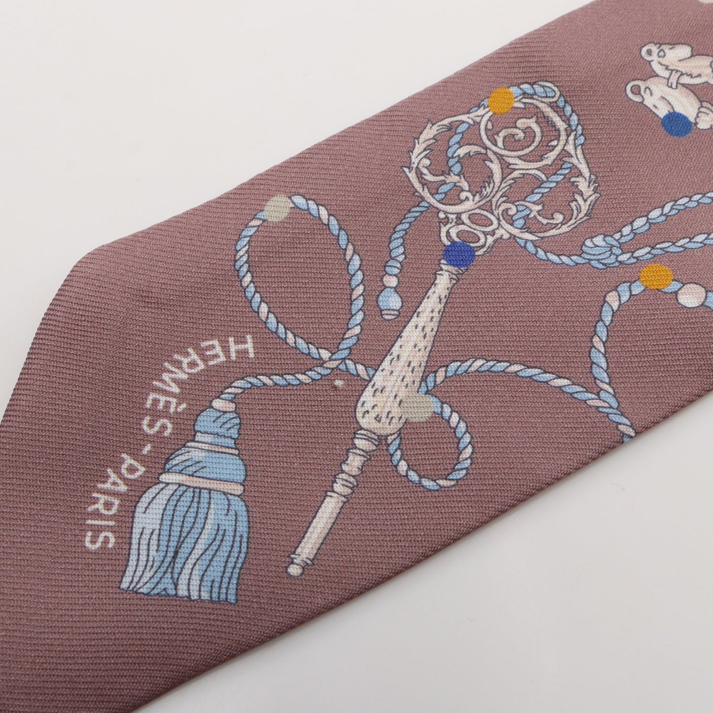 ツイリー Les Cles a Pois リボン スカーフ シルク グレーブラウン マルチカラー エルメス 財布・小物 HERMES