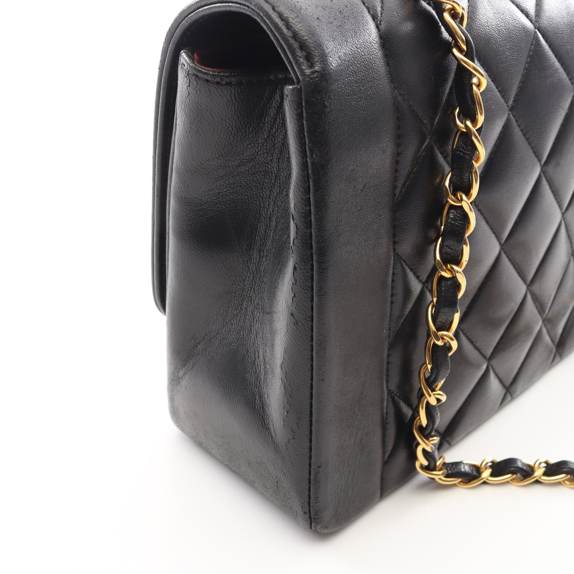 マトラッセ ダイアナフラップ チェーンショルダーバッグ ラムスキン ブラック ゴールド金具 シャネル バッグ CHANEL