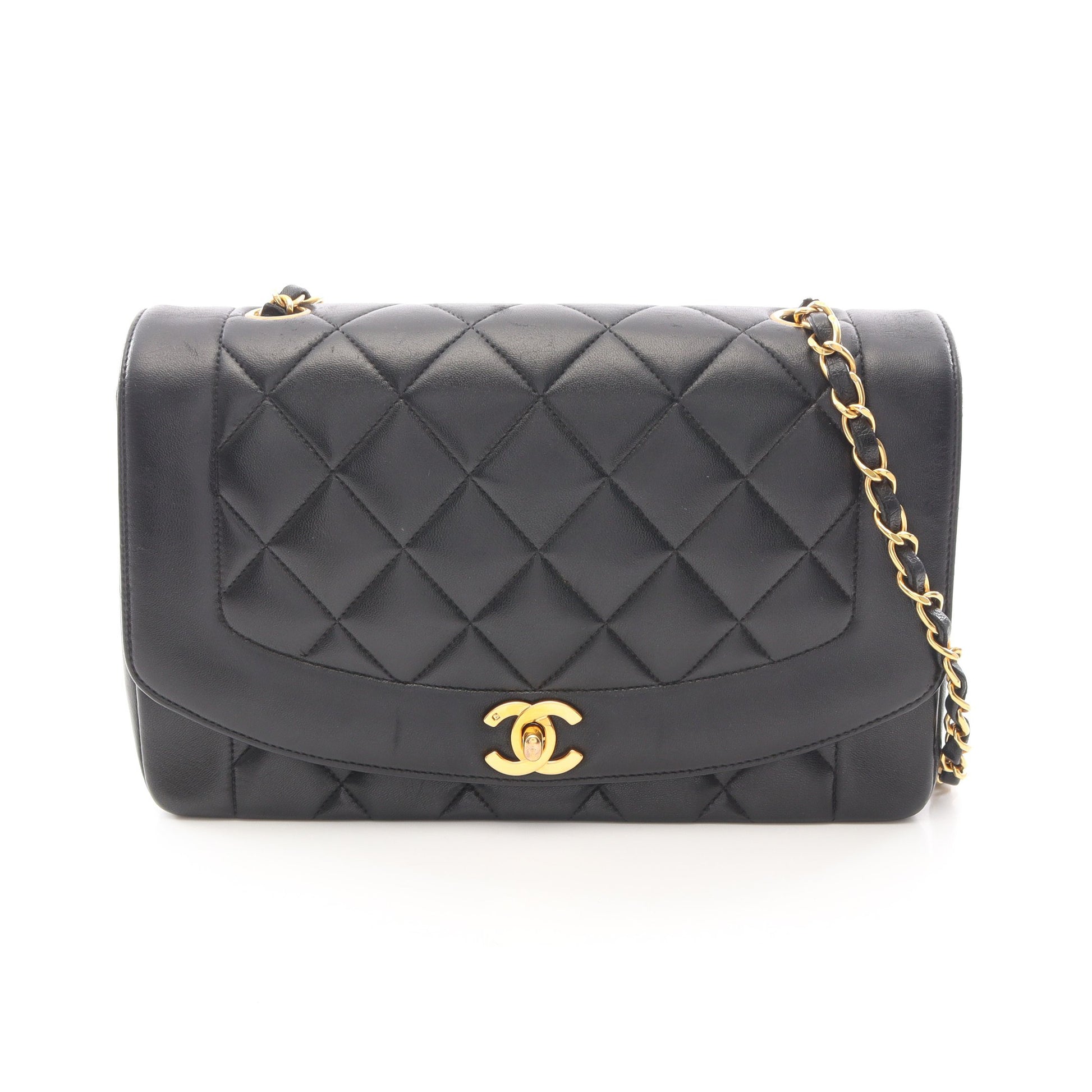 マトラッセ ダイアナフラップ チェーンショルダーバッグ ラムスキン ブラック ゴールド金具 シャネル バッグ CHANEL