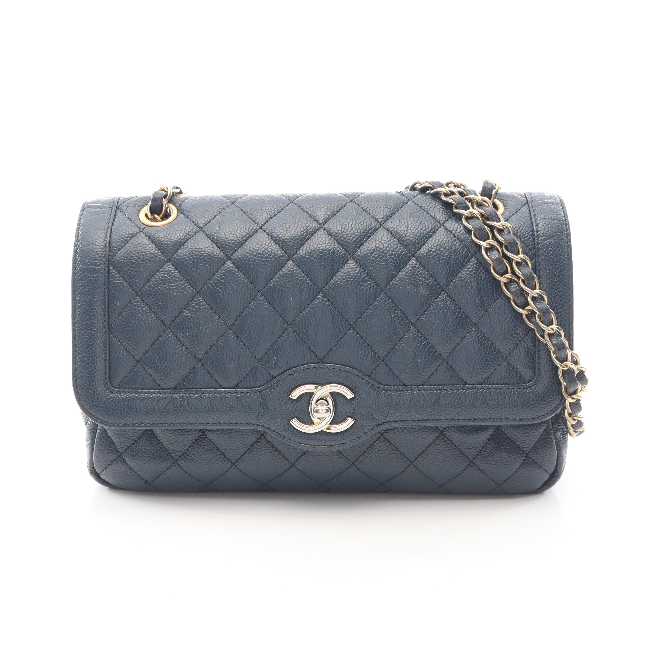 シャネル AS1977 ショルダーバッグ ネイビー  CHANEL マトラッセ キャビアスキン マトラッセ シングルフラップ チェーンショルダーバッグ キャビア